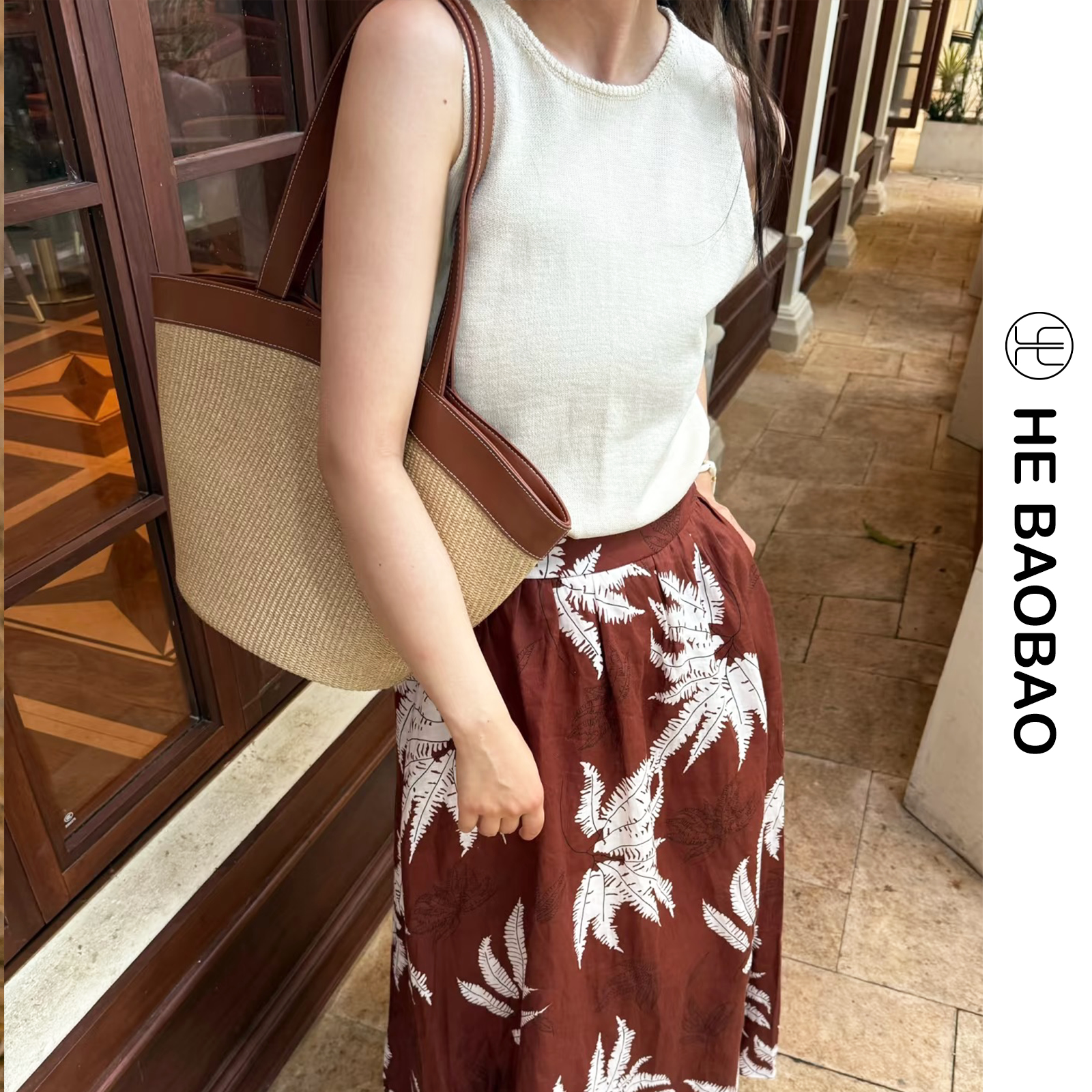 HE BAOBAO新品复古拉菲草编织牛皮托特包大容量通勤旅游单肩女包