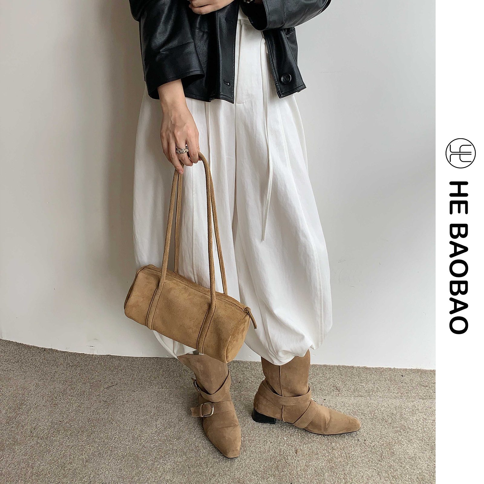 HE BAOBAO×HEJMASI 秋冬2026新品笔筒包磨砂牛皮单肩圆筒女包图片