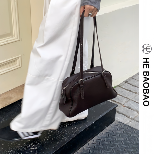 HEBAOBAO新品 女包百搭保龄球手提斜挎包 头层牛皮波士顿包2026新款