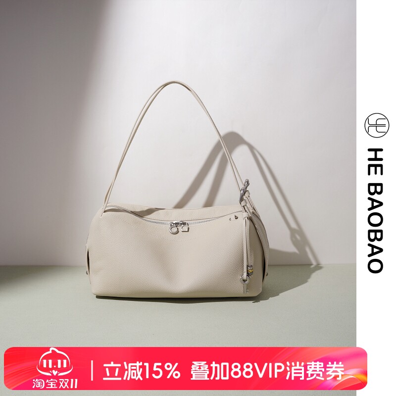 HE BAOBAO×HEJMASI 新品2026头层牛皮女包圆筒包真皮单肩笔筒包