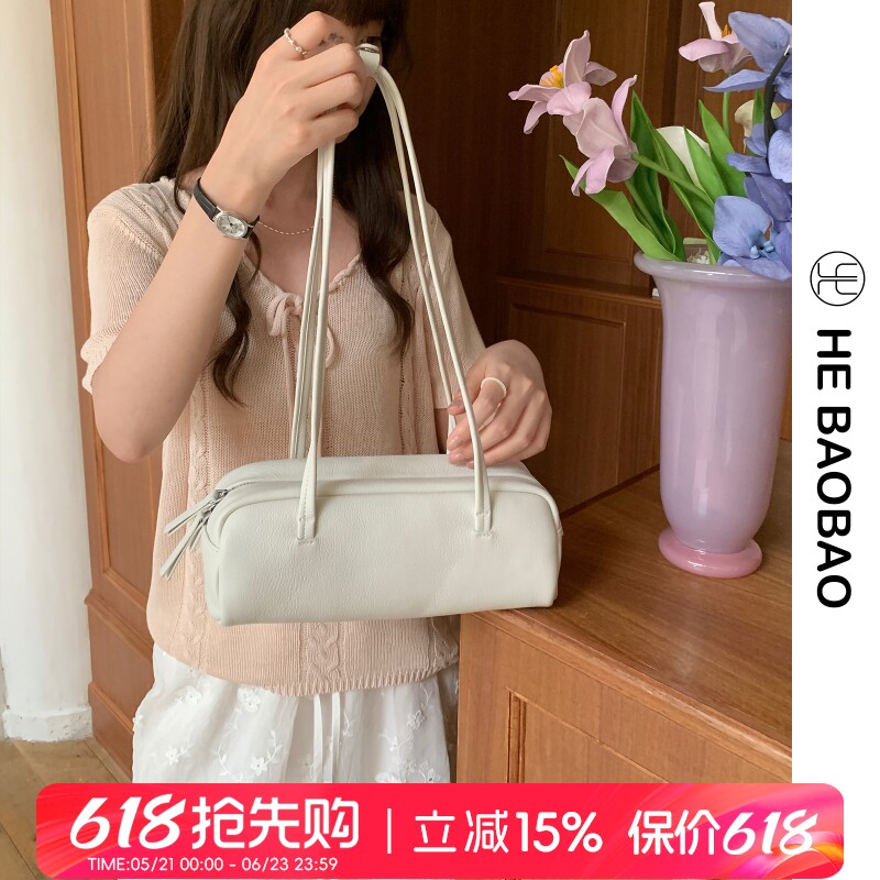 HEBAOBAO新品牛皮hobo腋下长条包2026春夏新款百搭法棍小包女包