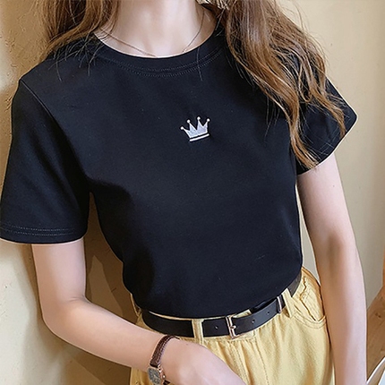 Embroidered Round Neck Short-Sleeved T-Shirt for Women 2021 Summer New Style Student ins Trendy Crown Pattern Base Shirt Top