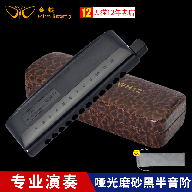 金蝶半音阶口琴12孔学生用初学者wh12磨砂黑专业演奏级半音节口琴