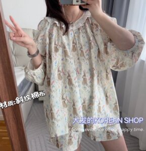 INS夏季纯棉丛林兔子花卉睡衣蕾丝花边短袖短裤温柔甜美家居服女