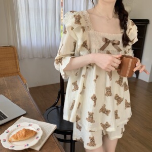 实拍INS夏季韩版纱布小熊甜美方领睡裙睡衣套装家居服女短袖短裤