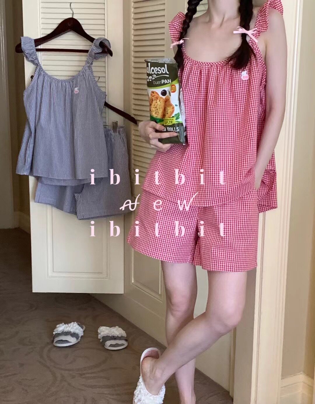 韩版夏季ibitbit可爱小飞袖背心短裤睡衣清新格子樱桃吊带家居服