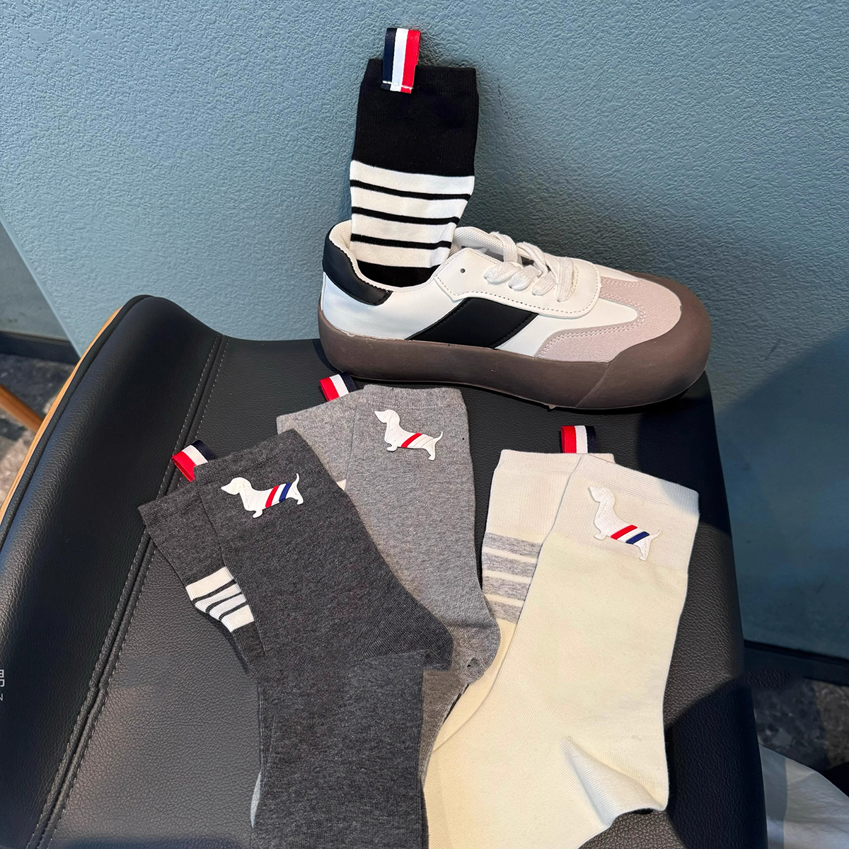 新品欧货纯棉袜ins潮TB小狗后跟布标AB版百搭外穿个性洋气好看
