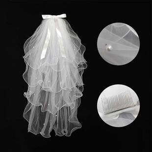 白色多层荷叶边头纱婚礼新娘蝴蝶结蓬蓬纱头饰Bride Veil T035