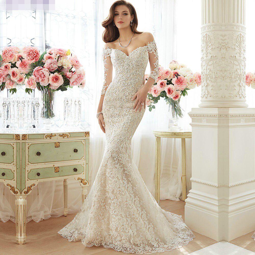 韩版新娘蕾丝鱼尾长袖婚纱定制