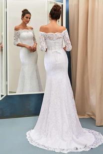 shoulder Wedding Dresses Mermaid Sweep the Lace Bridal Off
