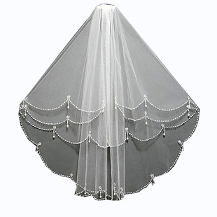 白色珍珠装饰新娘头纱结婚婚礼短款蓬蓬纱头饰Wedding Veil T028