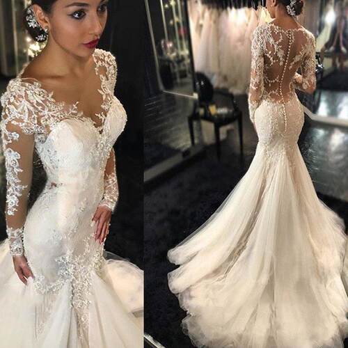 Lace Mermaid Wedding Dresses Sheer Neck Dubai 定制婚纱礼服