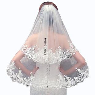 蕾丝短款头纱新娘结婚婚礼面纱80cm双层蓬蓬纱Bride Veil T022