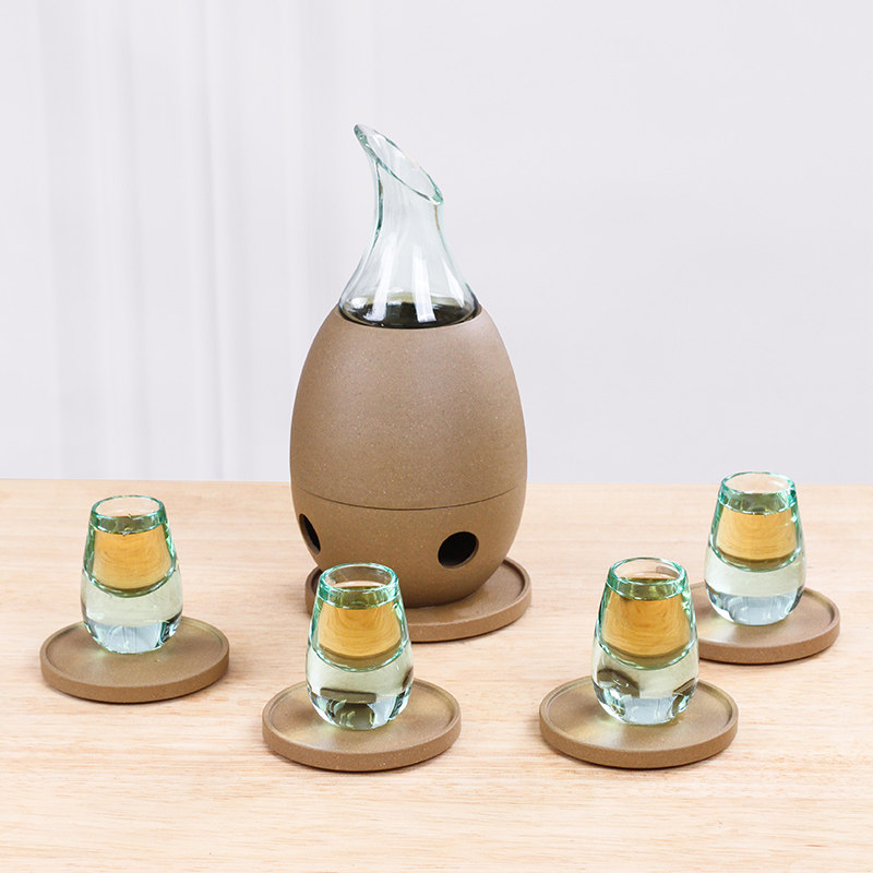 哲品  乐醒紫砂酒具套装一壶四杯温酒器酒壶玻璃酒杯礼盒送长辈