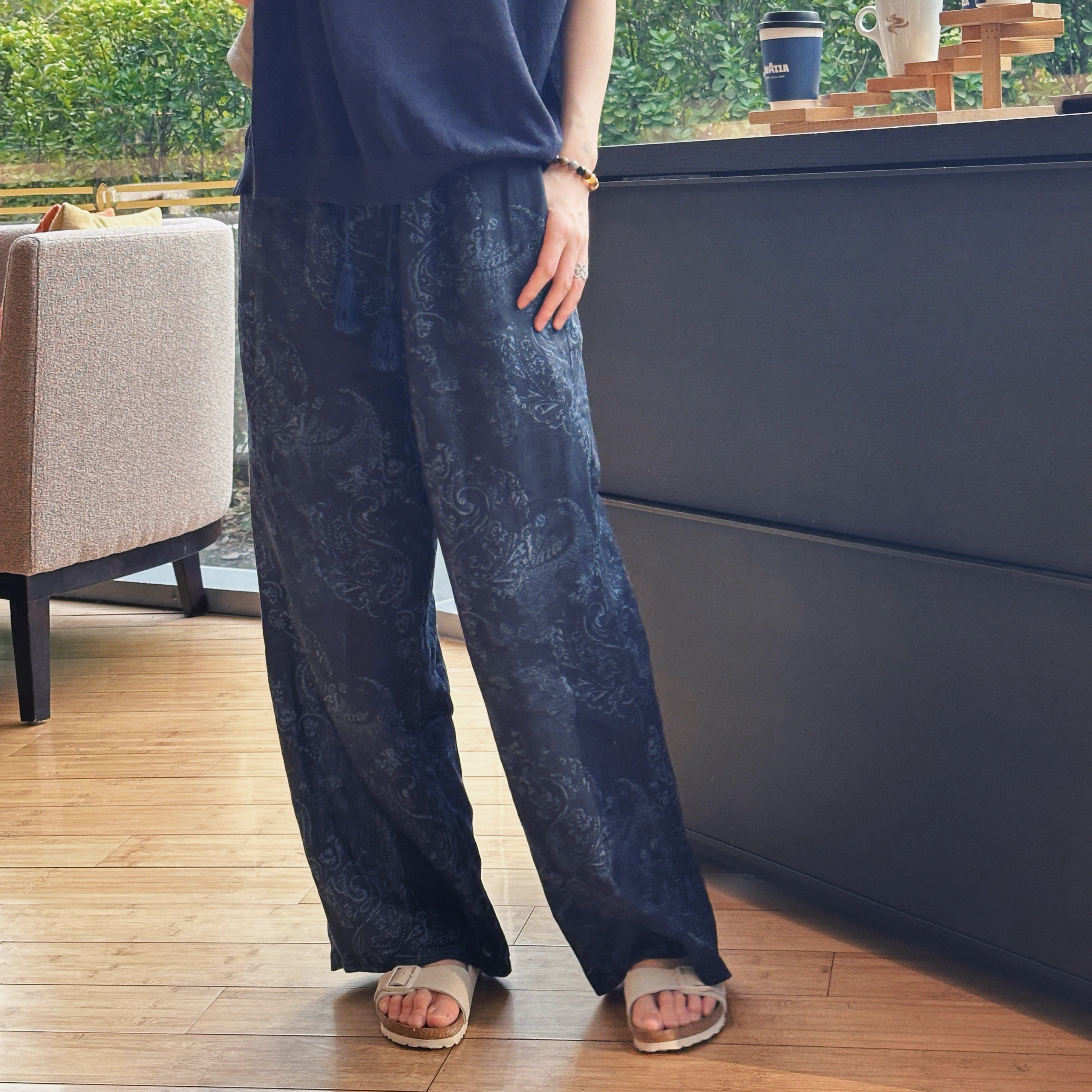 腰果花 100亚麻松弛阔腿裤