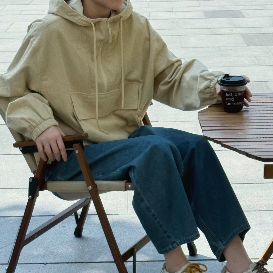 复古灯芯绒半开拉链连帽大口袋套头卫衣
