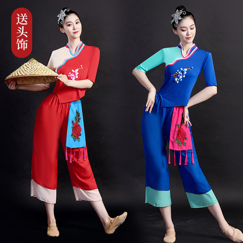 民族舞台服装女新款阿庆嫂碎花村姑采茶秧歌舞蹈演出服广场舞套装