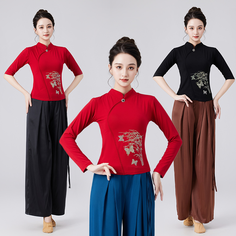 新款现代舞古风古典舞蹈演出服装练功服形体长袖莫代尔上衣阔腿裤