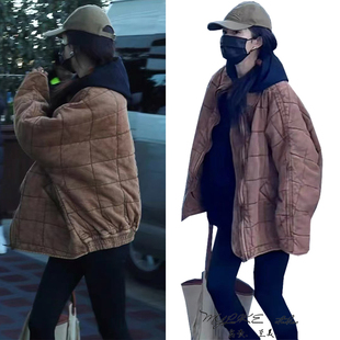 明星同款气质加厚保暖格纹超柔棉服大衣外套休闲运动风高级风衣潮