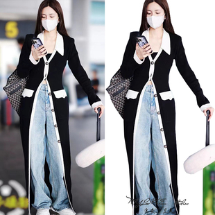 明星同款高级感轻奢温柔黑白拼色长毛衣羊绒针织衫显瘦长大外套裙