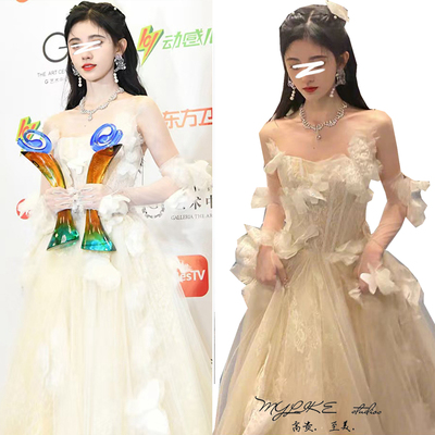 法式仙女风一字肩花朵连衣裙长裙