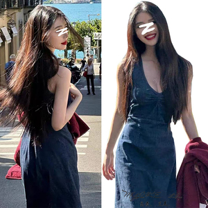 复古温柔名媛甜美牛仔背心连衣裙