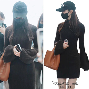明星同款针织毛衣连衣裙女灯笼袖修身显瘦包臀短裙子打底保暖裙子