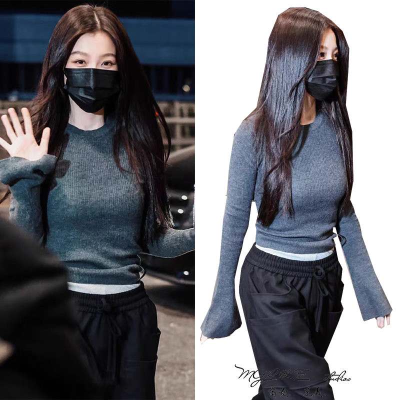 明星同款韩版圆领灰色喇叭袖针织衫修身显瘦百搭毛衣简约休闲上衣