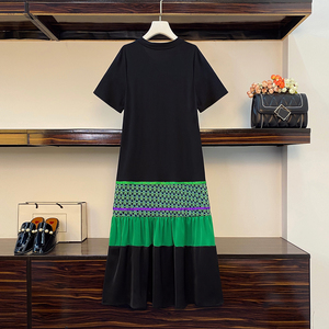 RM8041#夏季新款胖MM宽松显瘦撞色个性碎花拼接短袖连衣裙