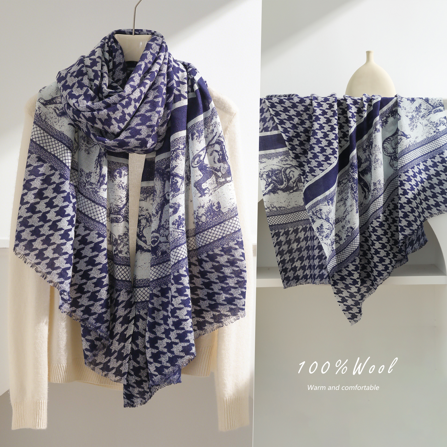 蓝色羊毛丝巾女2025新款千鸟格羊绒围巾小披肩两用高级感薄款藏青