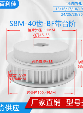 同步轮S8M40齿带台阶 40S8M150-B 槽宽17/28 铝合金同步皮带轮BF