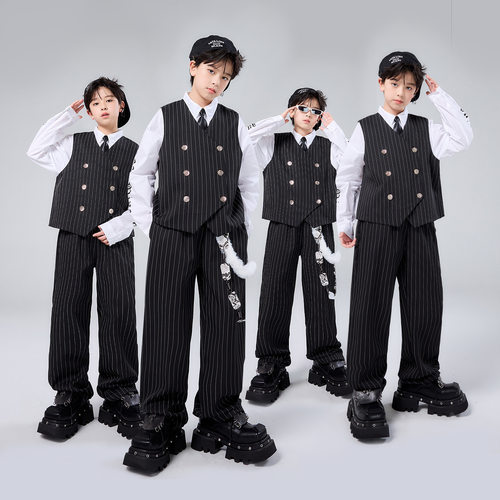 儿童爵士舞套装黑色西装马甲潮服
