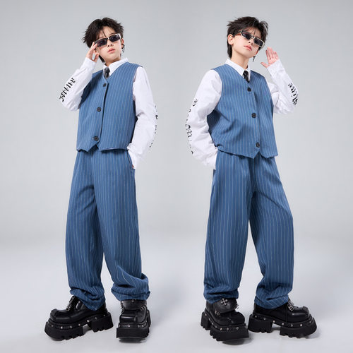 儿童爵士舞套装蓝色西装马甲潮服
