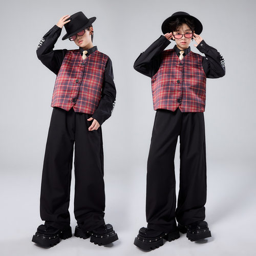 儿童爵士舞套装红格西装马甲潮服