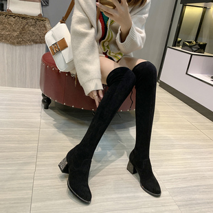 网红过膝长靴女瘦腿弹力钻石百搭高跟2025秋冬粗跟尖头袜子长筒靴