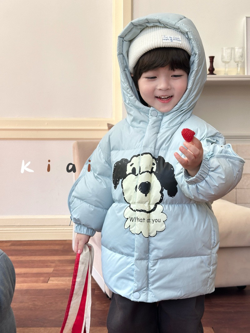 Kika男童女童冬季连帽羽绒服可爱卡通小狗儿童中长款外套