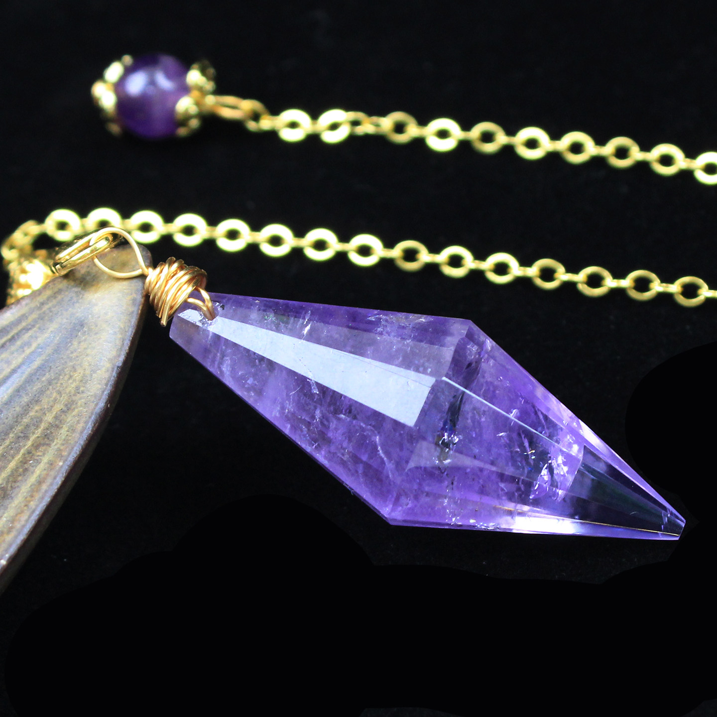 如鸿天然水晶灵摆紫色石头吊坠金属尾链挂件男女双尖原石项链