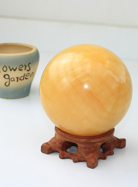 如鸿天然玉石球圆形水晶石头黄色米黄玉家居风水桌面摆件开业礼品