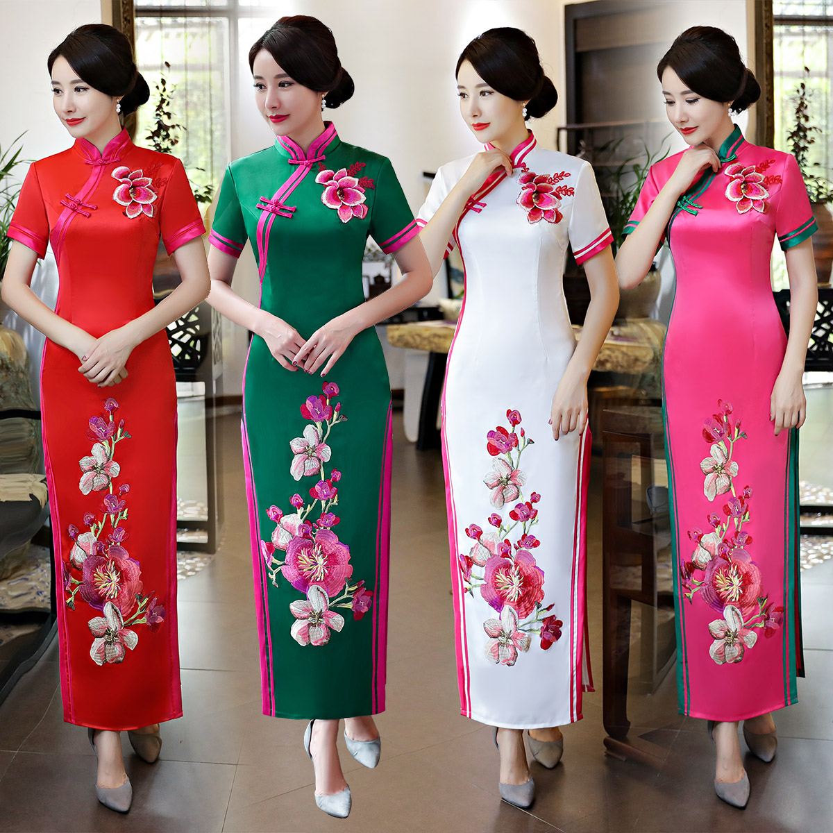 春季旗袍2018新款旗袍演出服长款中老年舞台走秀旗袍大码中袖订做