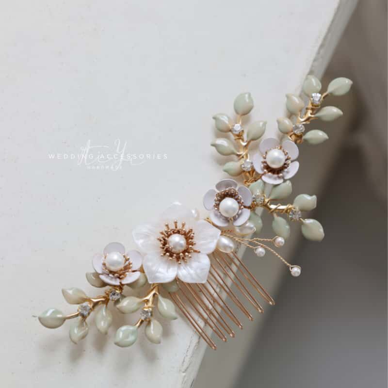 森系绿色蔓藤仿贝花朵发梳发饰中式旗袍礼服婚纱造型头饰插梳配饰