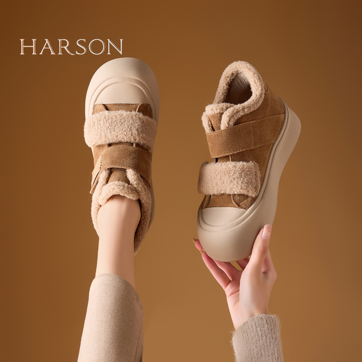 哈森厚底毛绒雪地靴加绒保暖