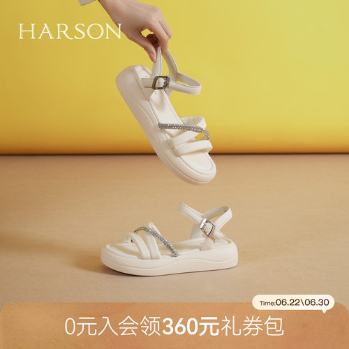哈森厚底水钻一字带凉鞋女夏季新款时尚休闲沙滩鞋HM252201