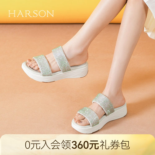 哈森厚底松糕凉拖鞋女夏季新款时尚水钻休闲一字拖鞋HM257168