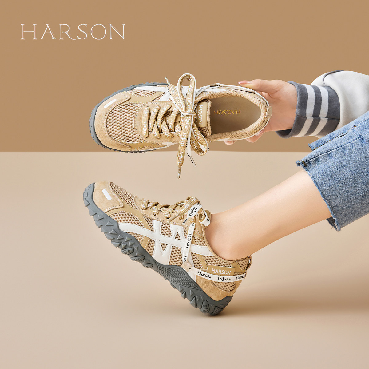 哈森复古德训鞋女鞋子2026春季新款爆款网面透气百搭运动休闲鞋
