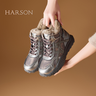 哈森复古加绒运动鞋女25冬季厚底休闲鞋保暖棉鞋高帮短靴德训鞋