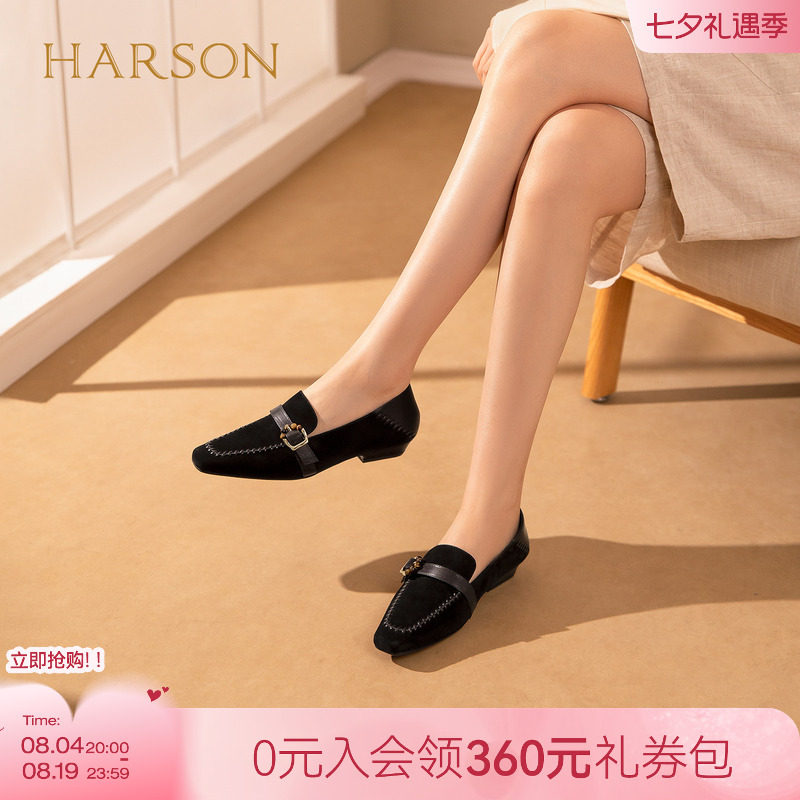 哈森复古绒面方头皮带扣低跟乐福鞋两穿女鞋2026新款HWS260122
