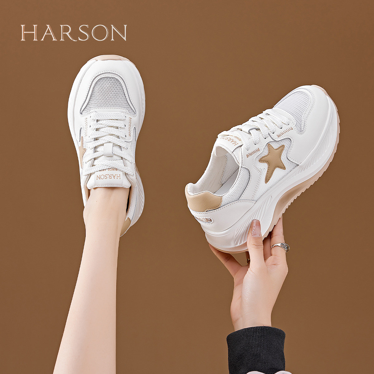 哈森女鞋2025新款夏季透气百搭厚底增高休闲鞋子显脚小老爹鞋女款