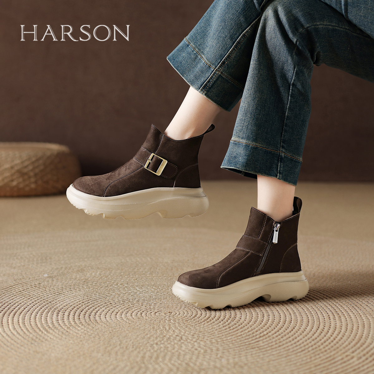 哈森复古时尚休闲厚底休闲鞋2025冬季新款加绒保暖真皮小皮鞋单鞋