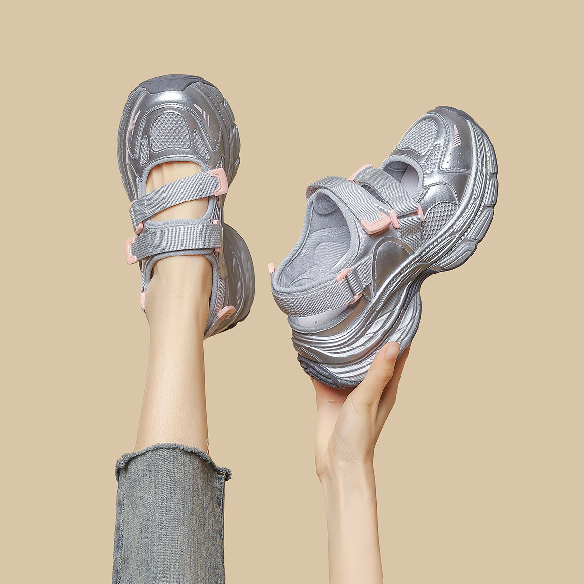 哈森厚底增高镂空运动凉鞋女鞋子2026夏季夏款爆款透气运动休闲鞋