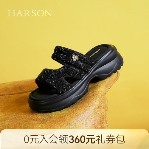 哈森水钻黑色一字拖厚底增高外穿沙滩度假凉拖鞋2026新款HM261601